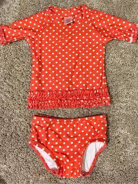 RuffleButts Coral Polka Dot 2-Piece Swimsuit Set 12-18M | Ruffle Details
